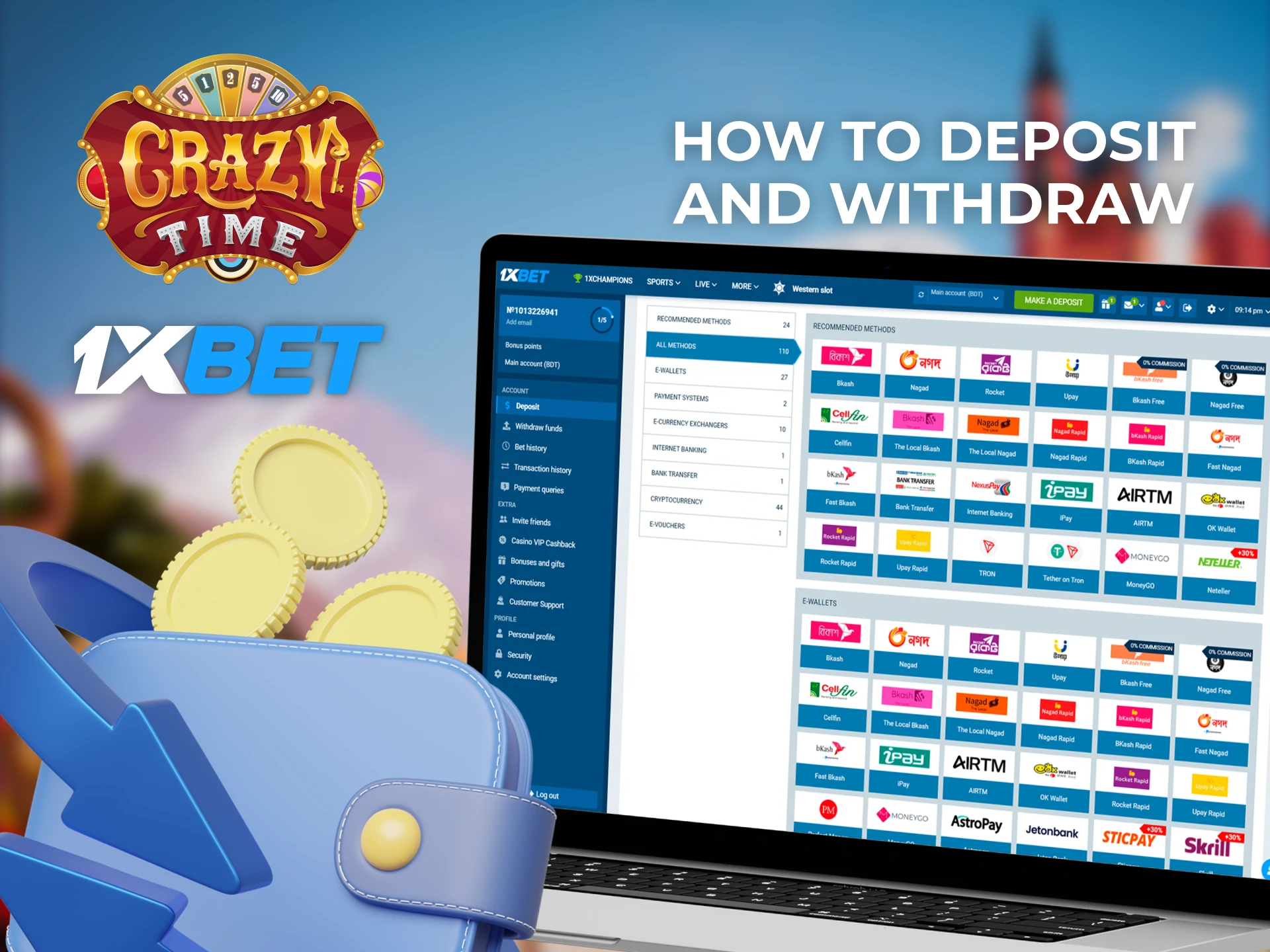 1xBet depositing and withdrawal of funds for playing Crazy Time.