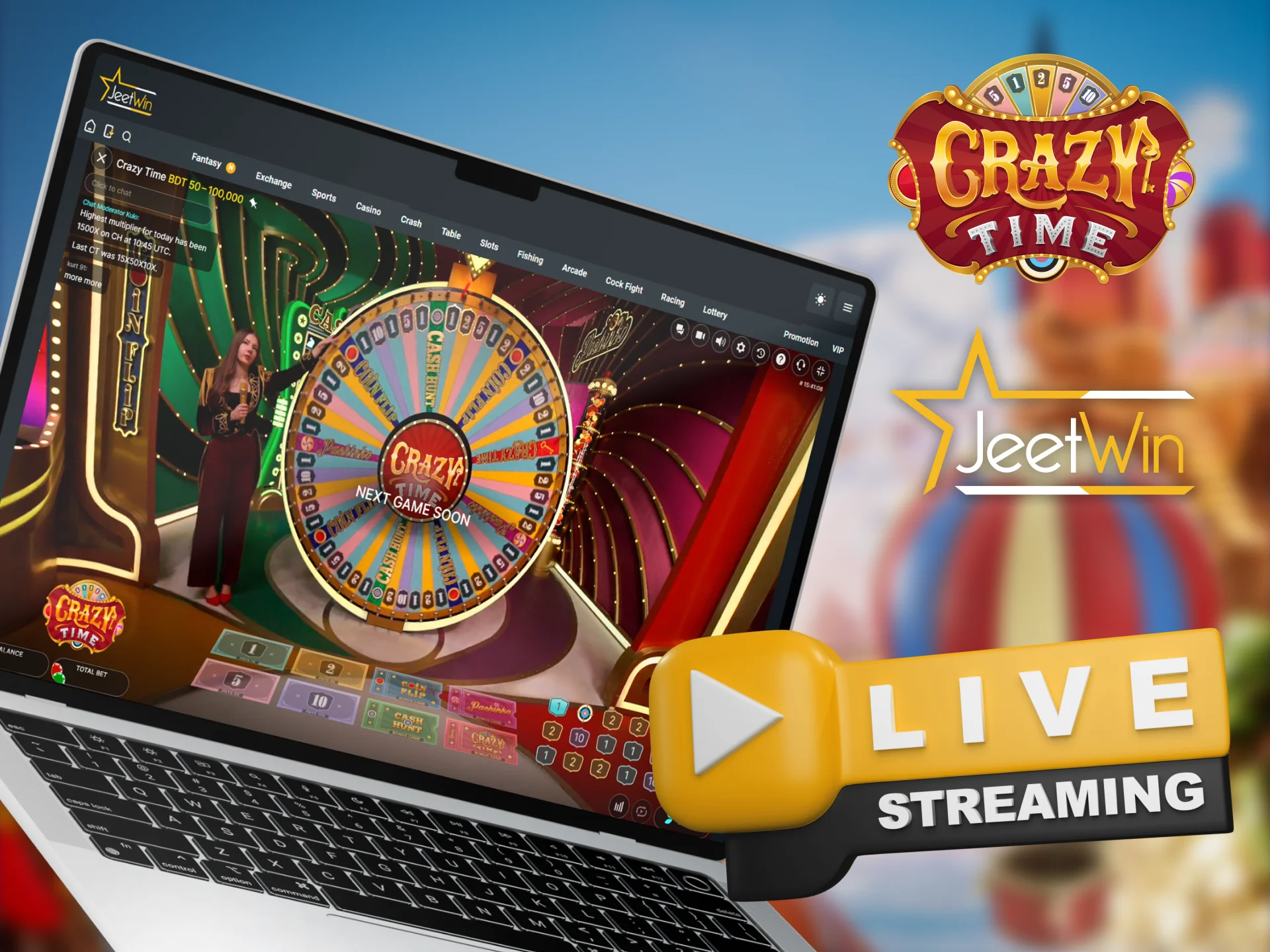 Jeetwin Casino offers live streaming of the Crazy Time game.