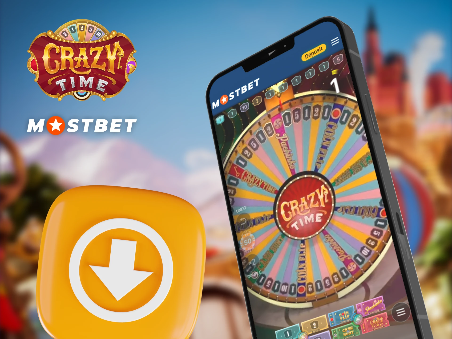 Download the Mostbet mobile app to play Crazy Time.