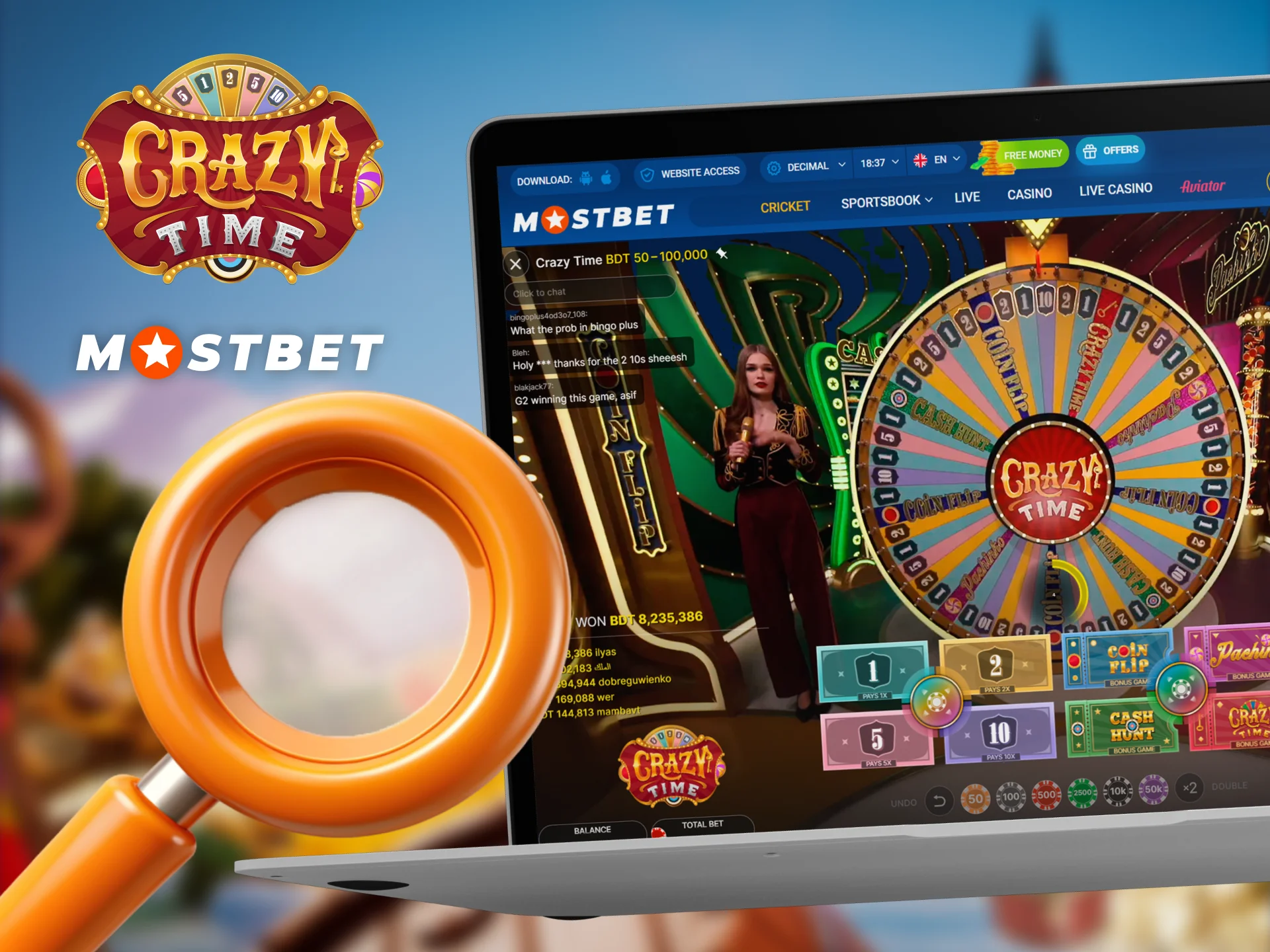 Main features of the game Crazy Time on Mostbet.