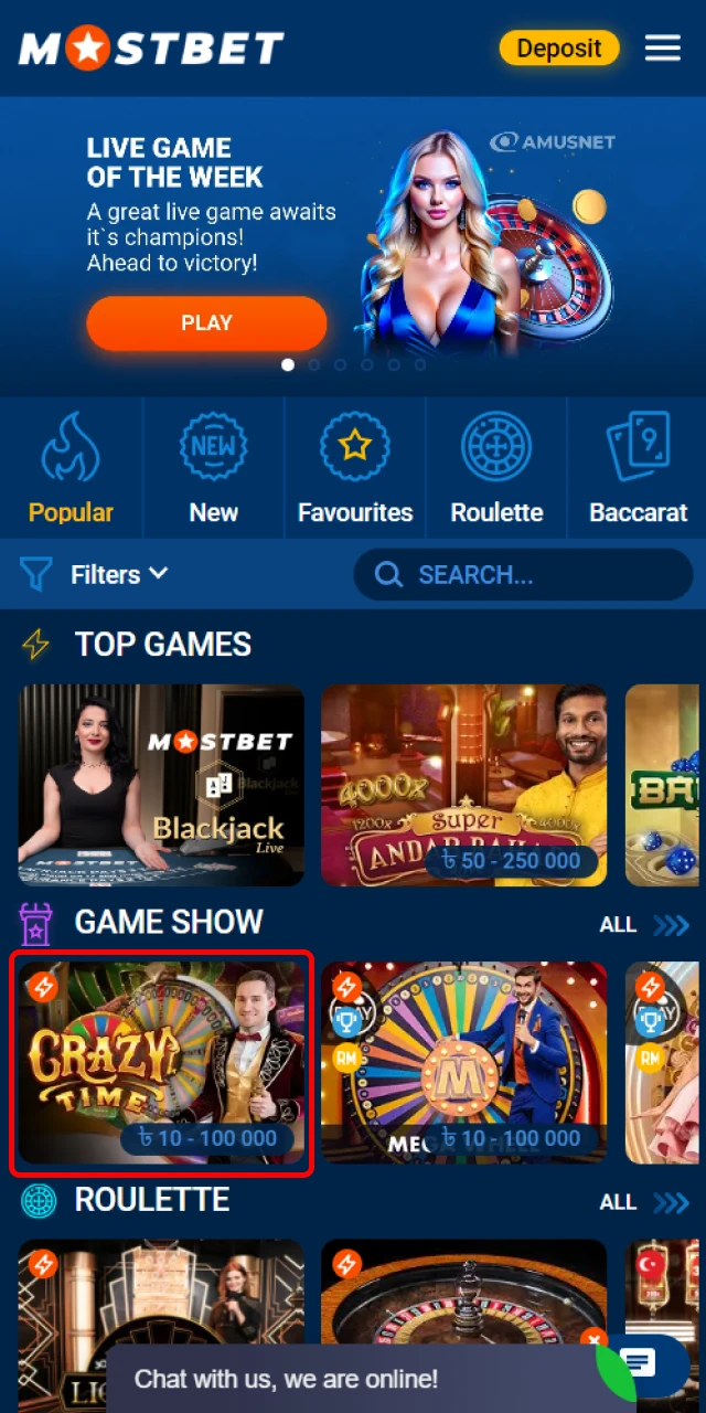 Find the Crazy Time game in the Mostbet live casino section.