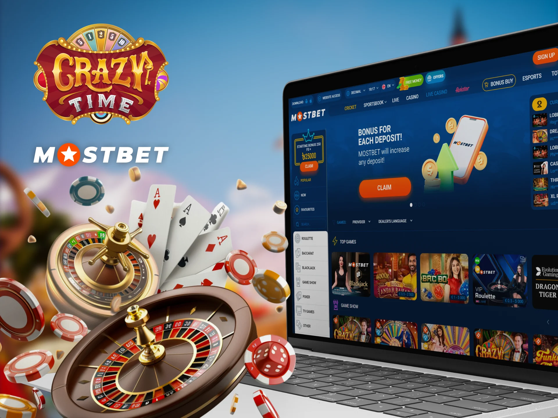 At Mostbet you can play not only Crazy Time, but also other casino games.