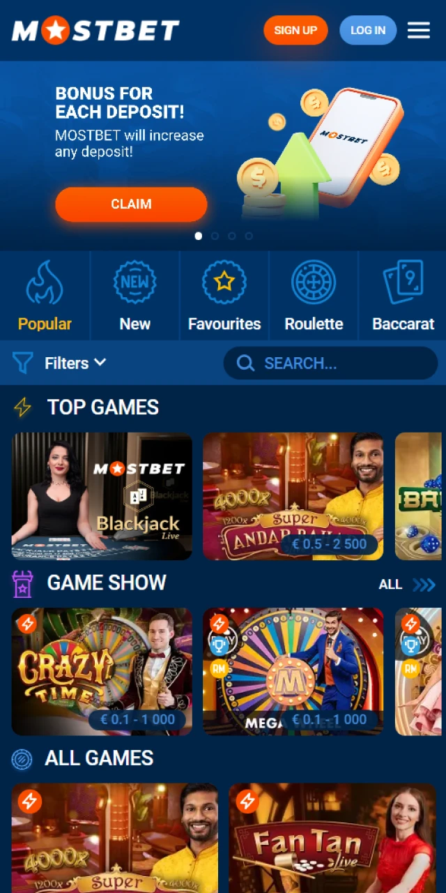 Live Casino section of Mostbet with the game Crazy Time.