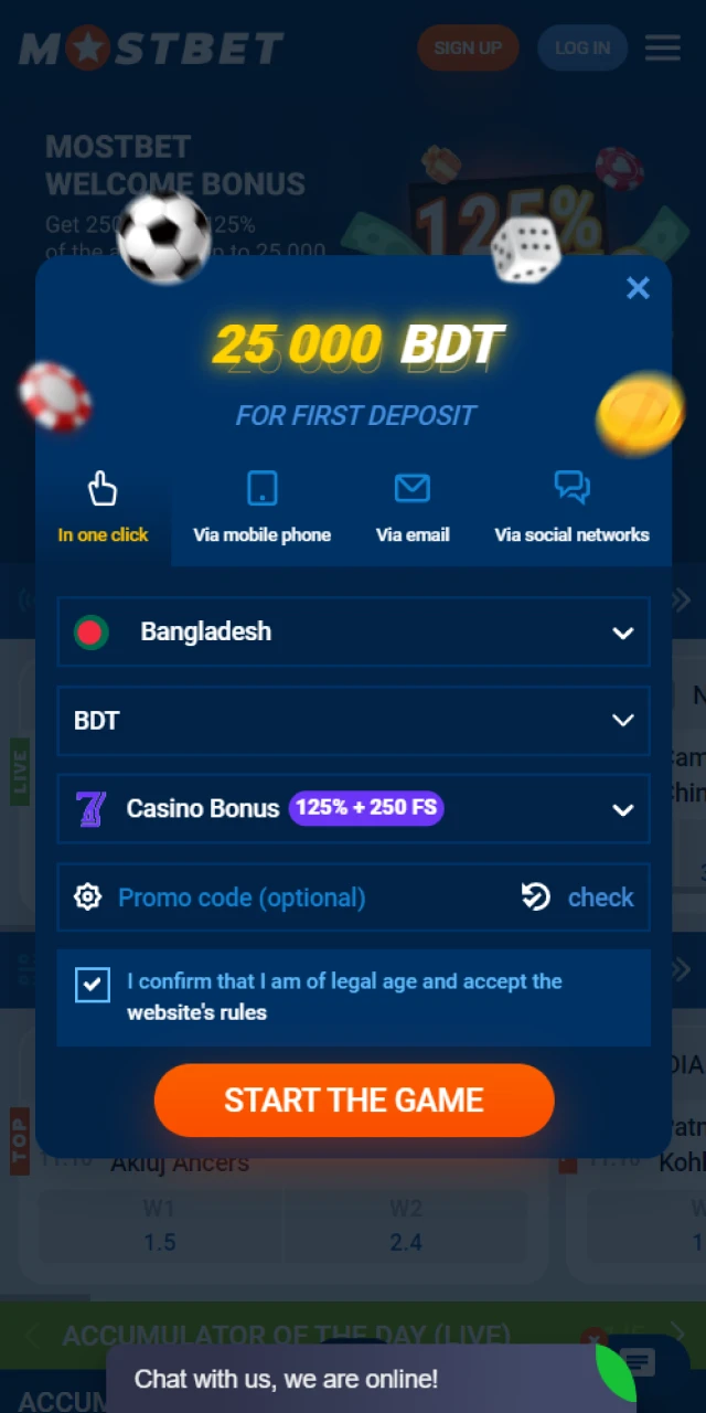 Mostbet registration form for playing Crazy Time.