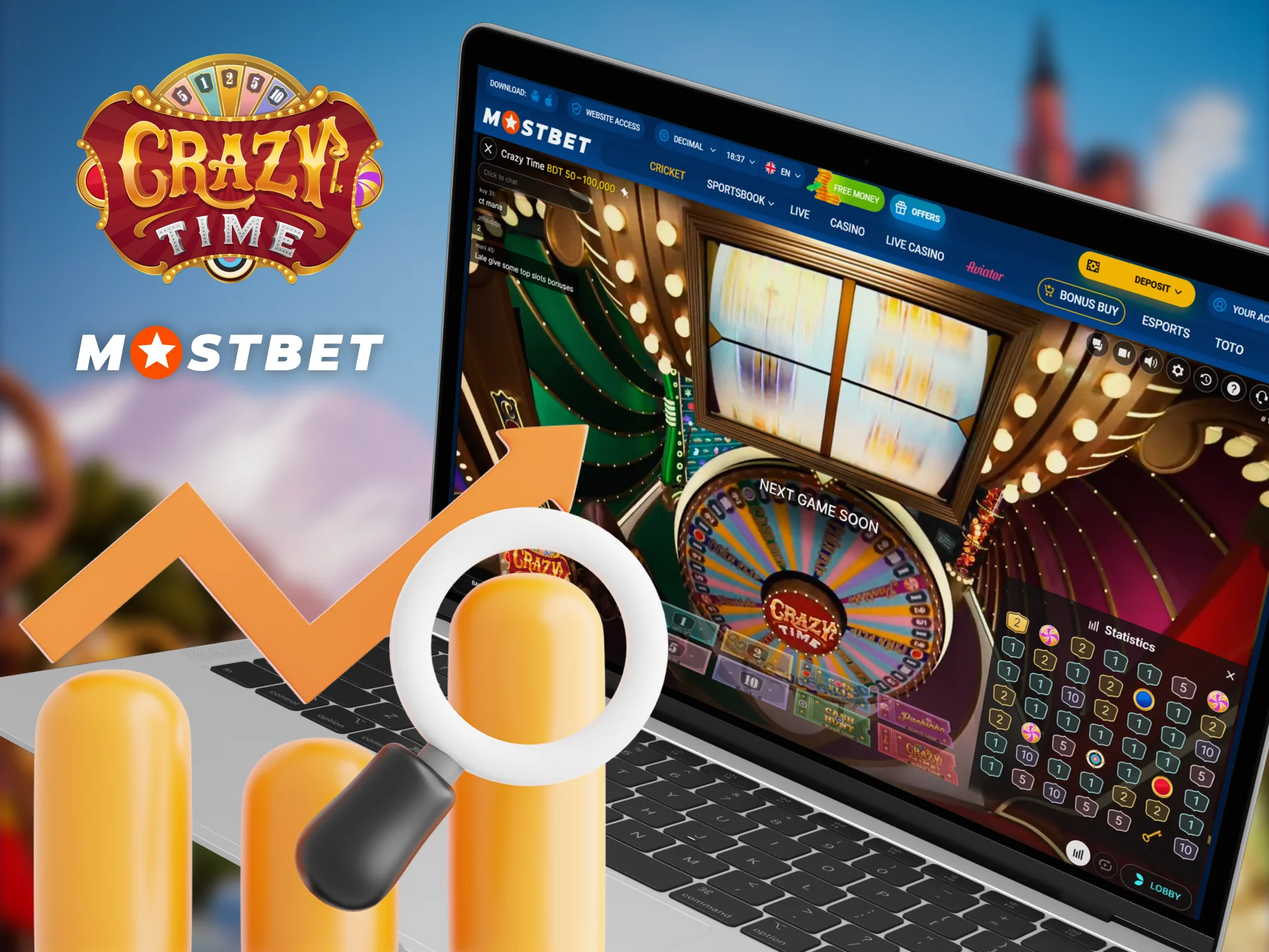 Follow the statistics of Crazy Time game results on Mostbet.