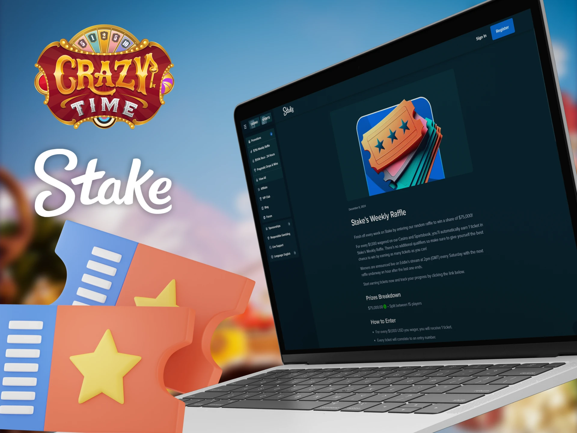 Get bonuses by playing Crazy Time with Stake in the weekly raffle.