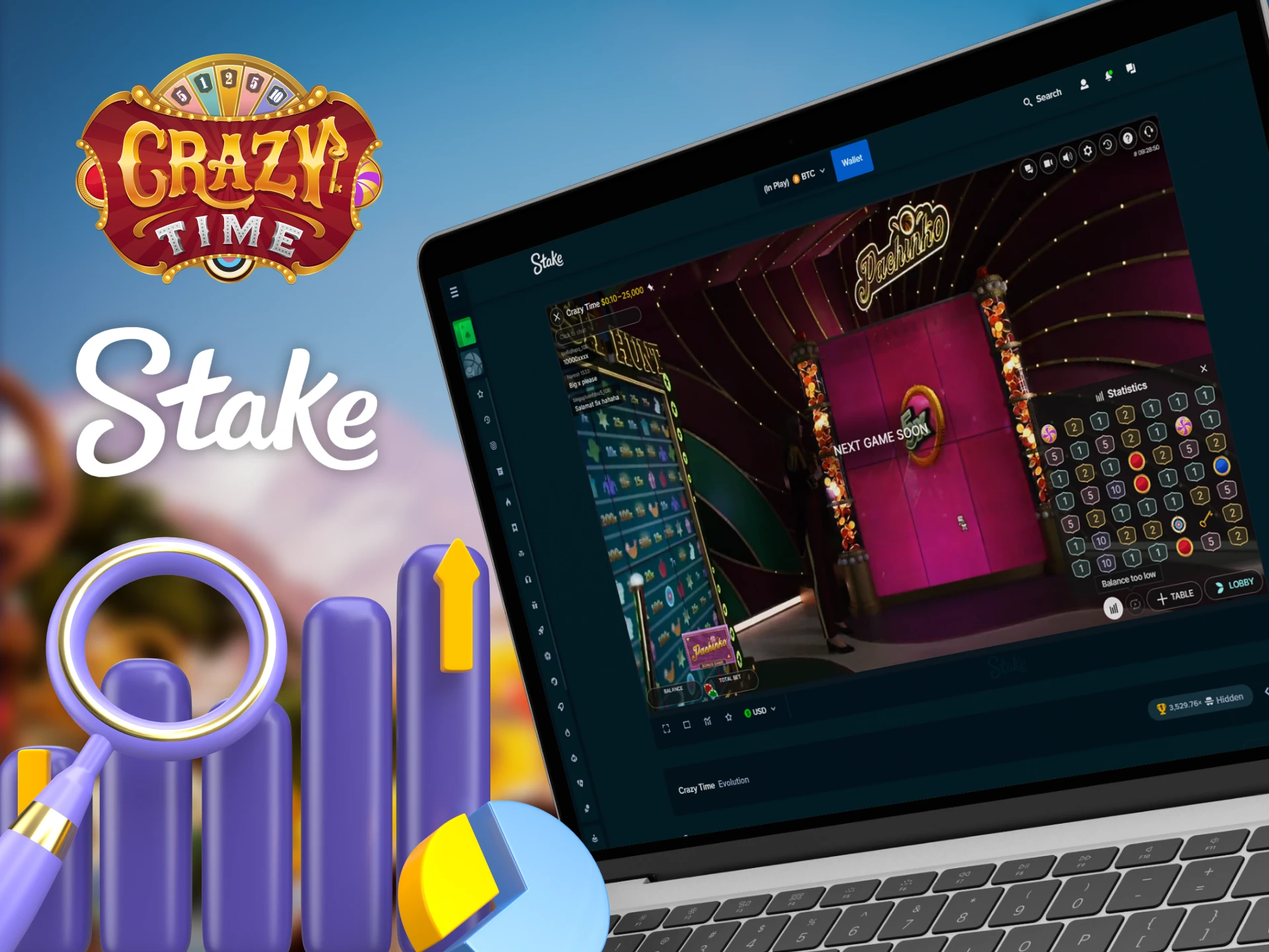 Follow Crazy Time game statistics at Stake Casino.